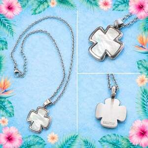 JM0005-Edforce Silver Stainless Steel Cross Pendant Necklace with Mother of Pear